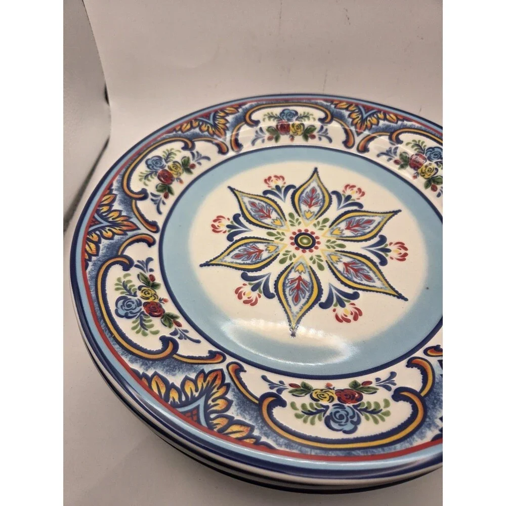 Set of 4 Euro Ceramica Zanzibar 11” Round Dinner Plates Floral Roses Ceramic